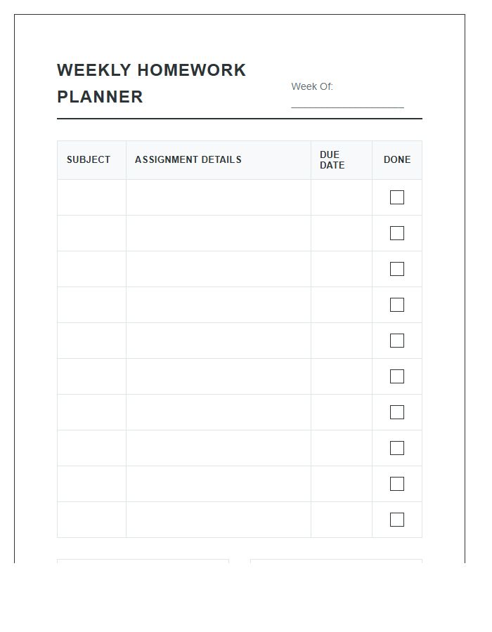 Middle School Student Homework Planner Printable Chart