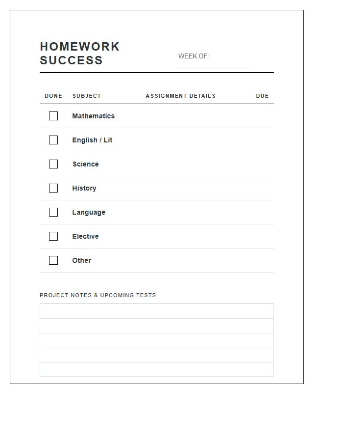 Minimalist Student Homework Success Printable Chart