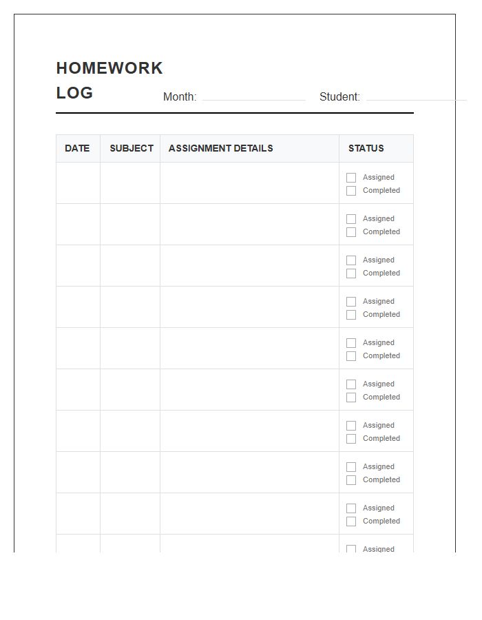 Monthly Student Homework Assignment Printable Chart