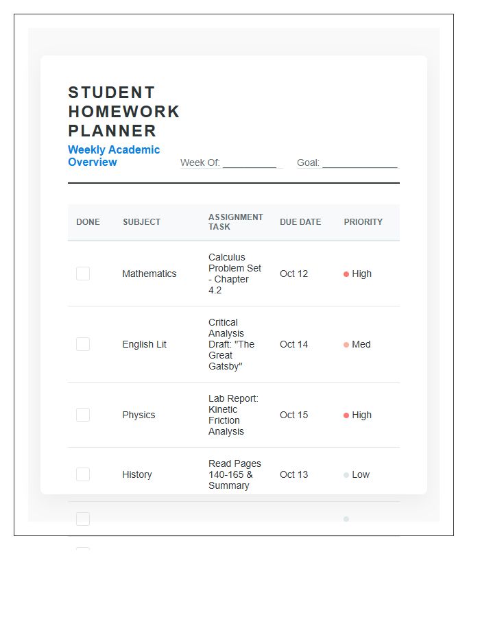 Professional Student Homework Planner Printable Chart