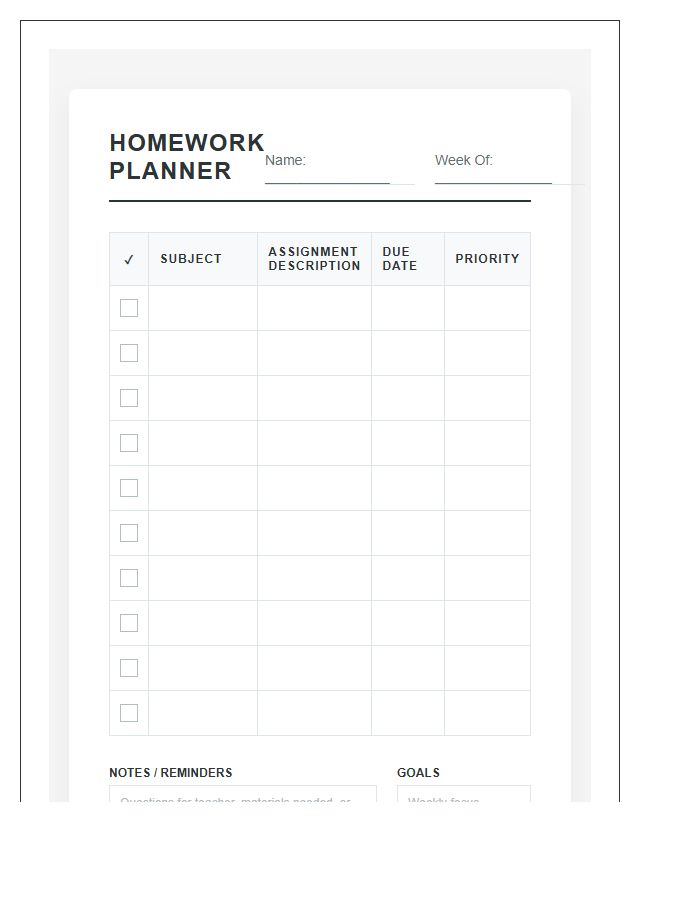 Standardized Student Homework Planner Printable Chart