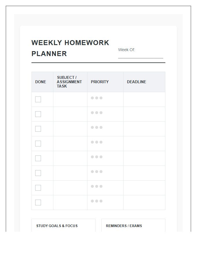 Study Habit Student Homework Planner Printable Chart