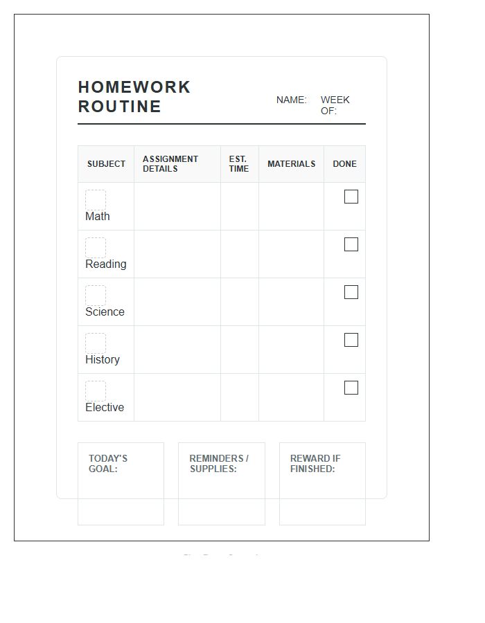 Visual Routine Student Homework Planner Printable Chart
