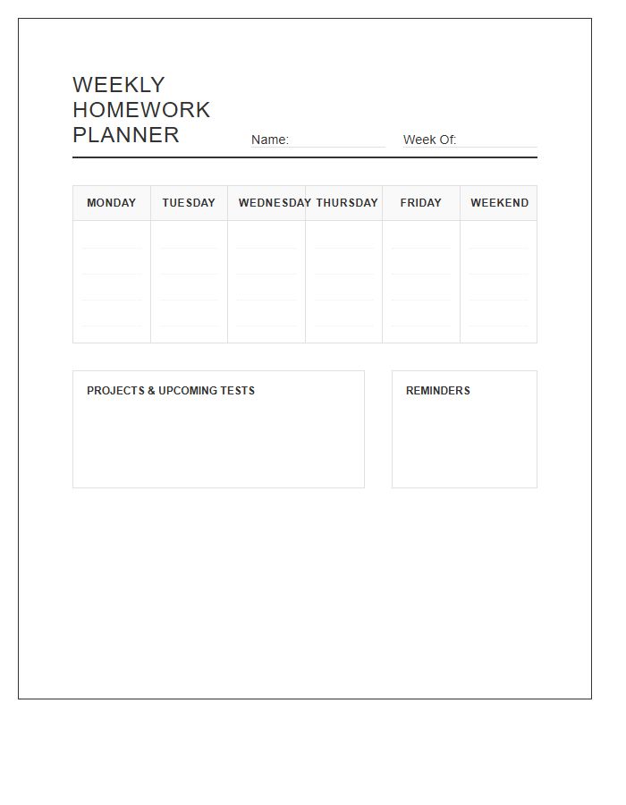 Weekly Student Homework Planner Printable Chart