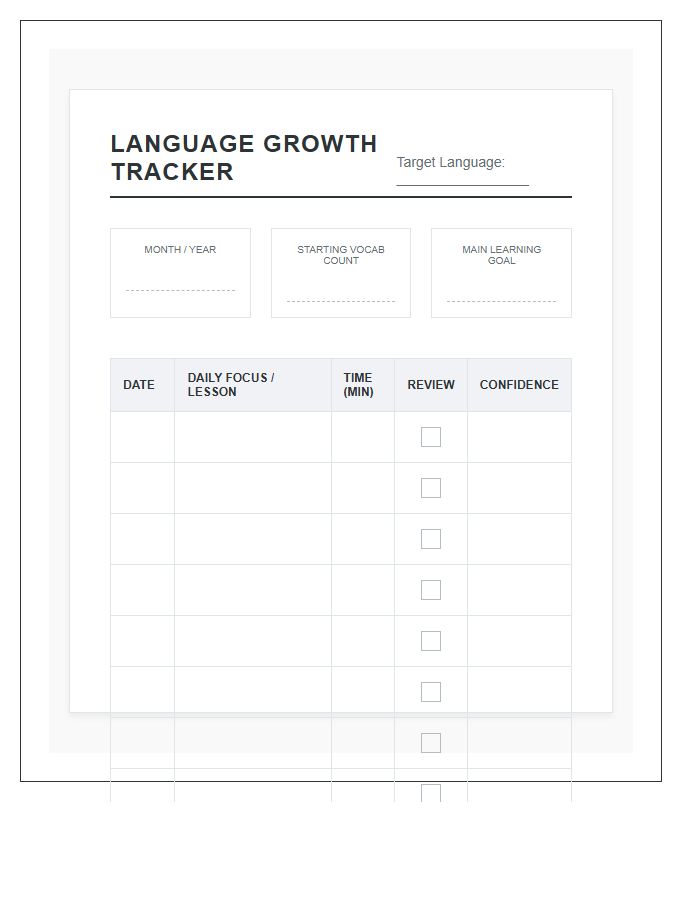 Beginner Language Learning Growth Printable Chart