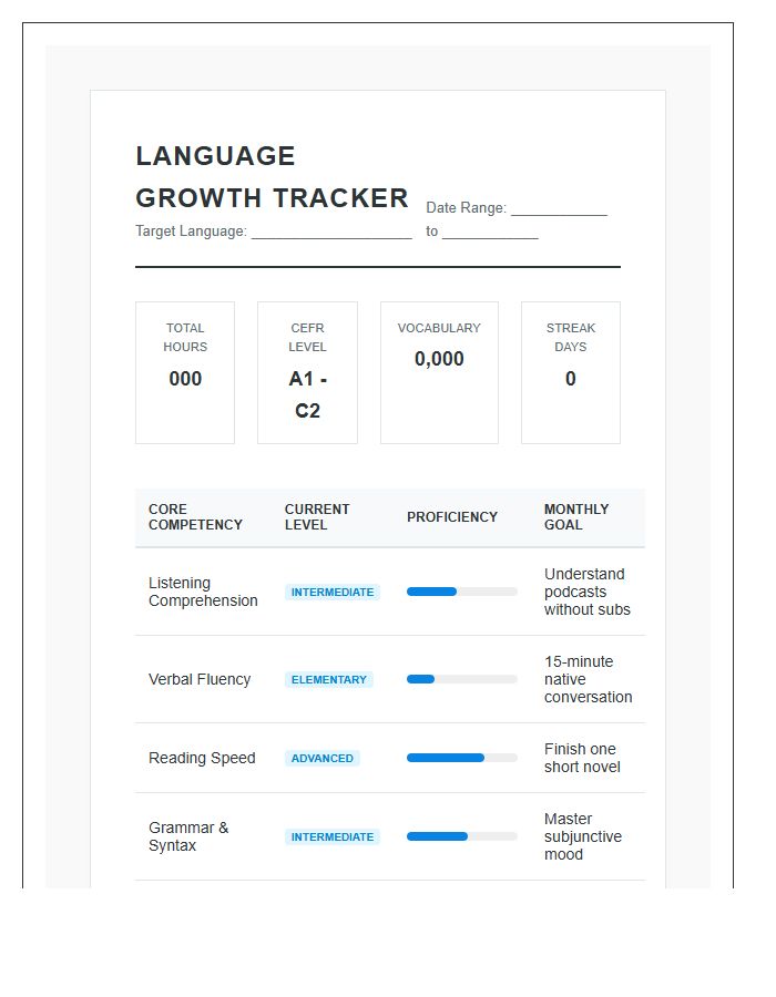 Comprehensive Language Learning Growth Printable Chart