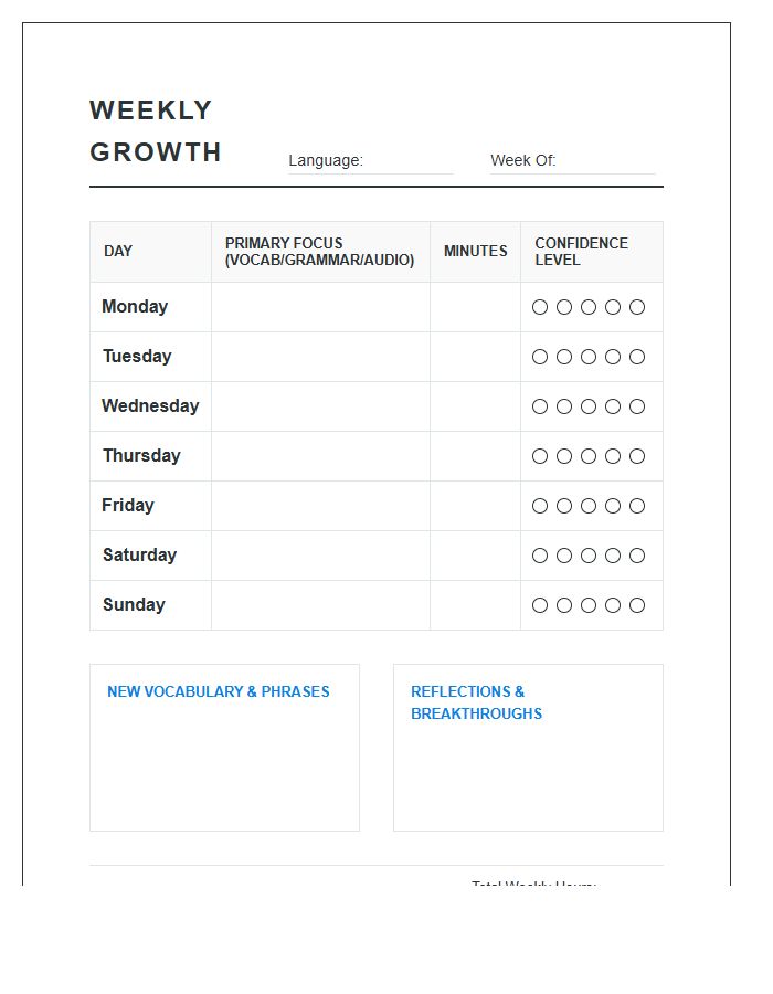 Weekly Language Learning Growth Printable Chart