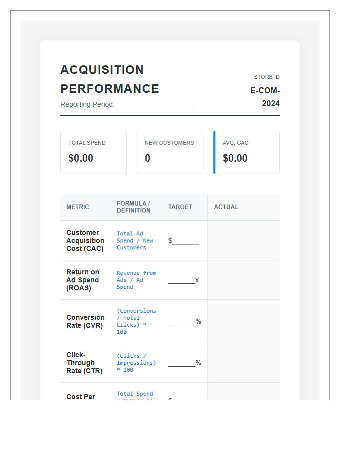 E-commerce Customer Acquisition Metrics Printable Chart