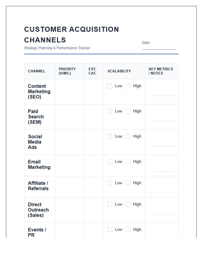 Startup Customer Acquisition Channel Printable Chart