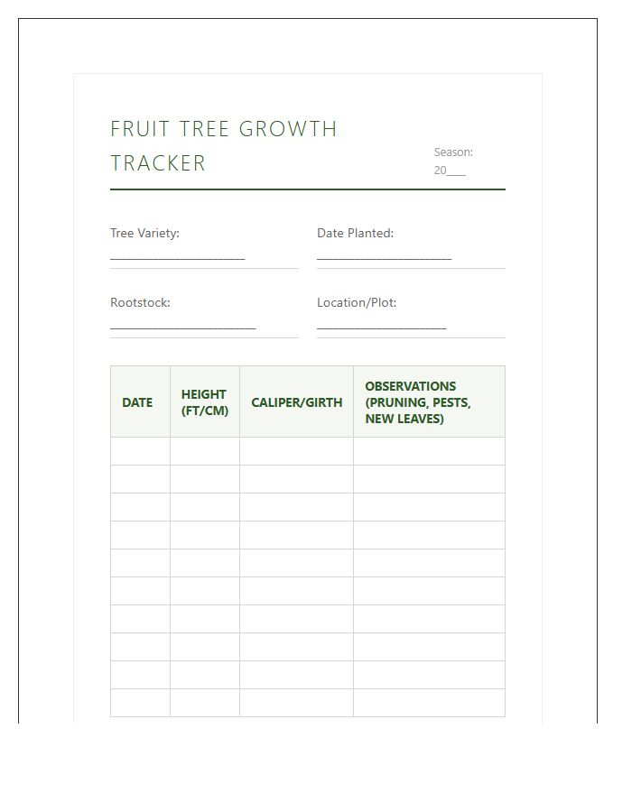 Backyard Fruit Tree Height Tracking Printable Chart