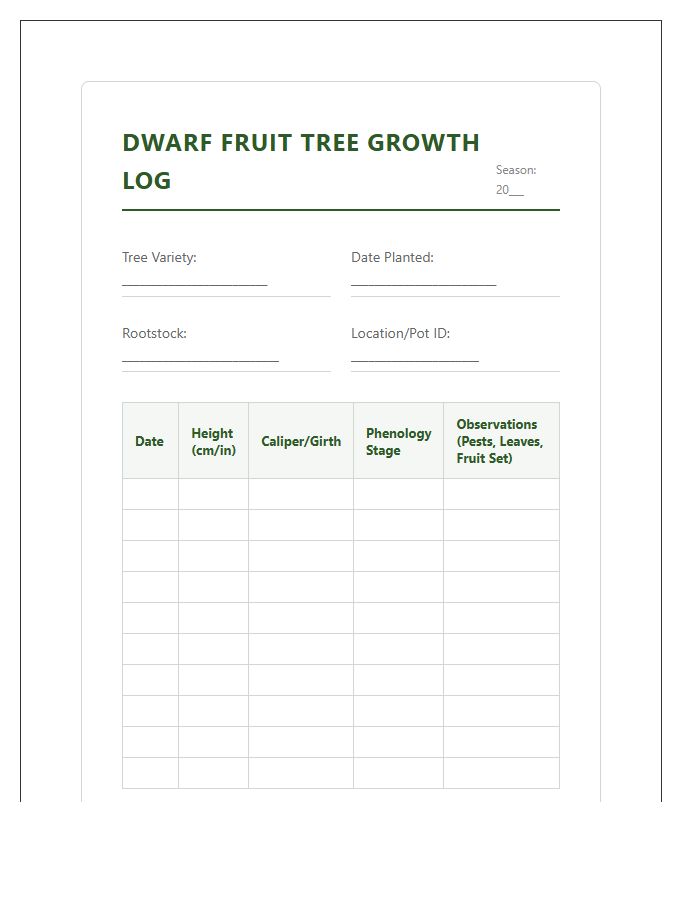 Dwarf Fruit Tree Growth Monitoring Printable Chart