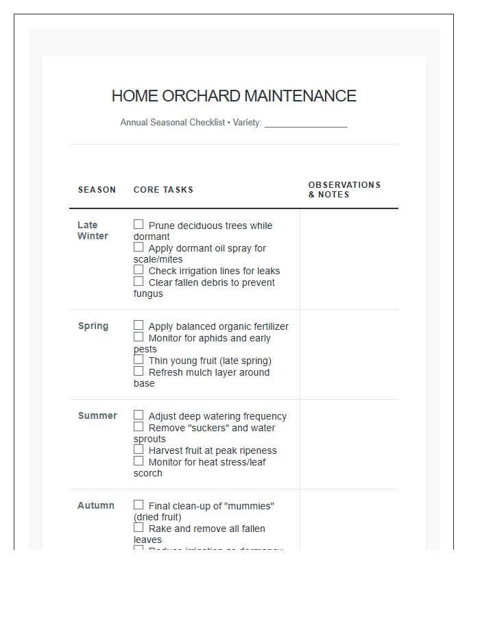 Home Orchard Seasonal Maintenance Printable Chart