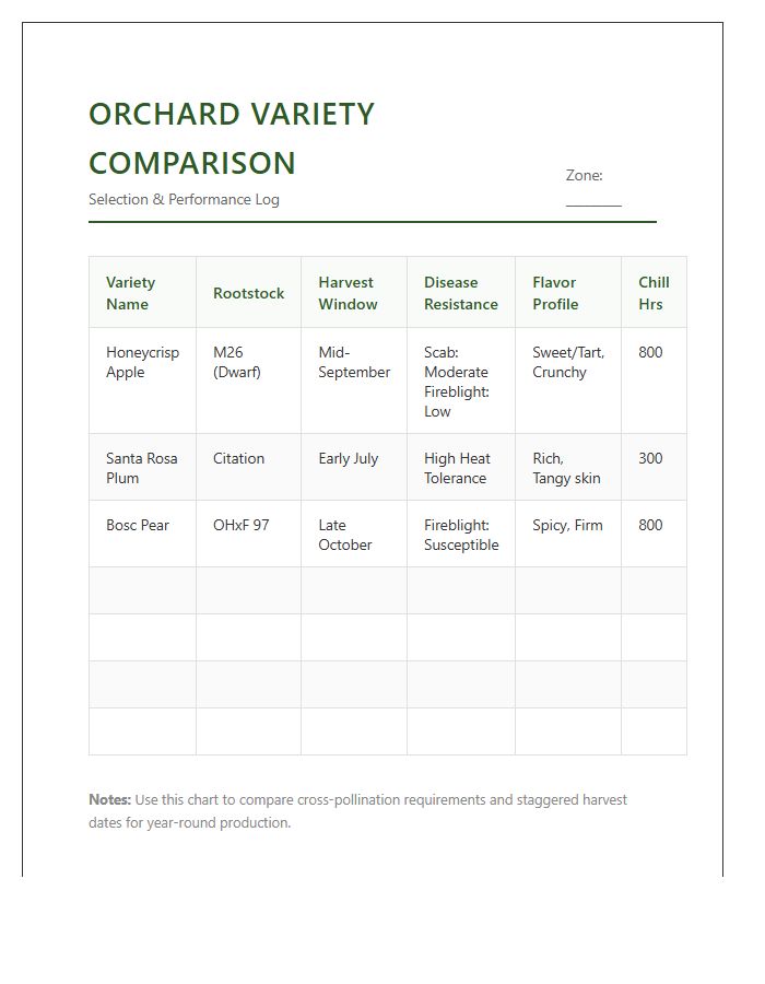 Residential Orchard Variety Comparison Printable Chart