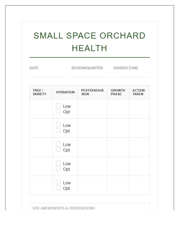 Small Space Orchard Health Printable Chart