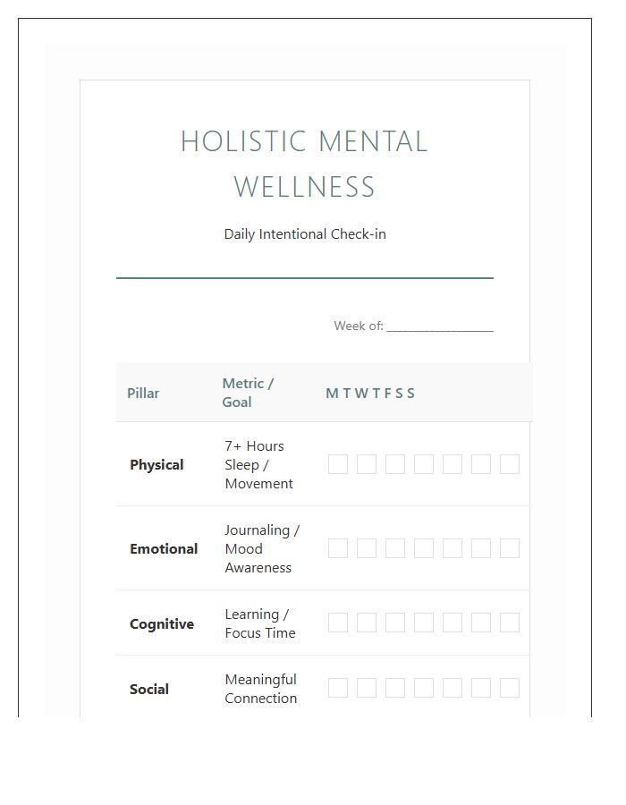Holistic Mental Wellness Printable Chart