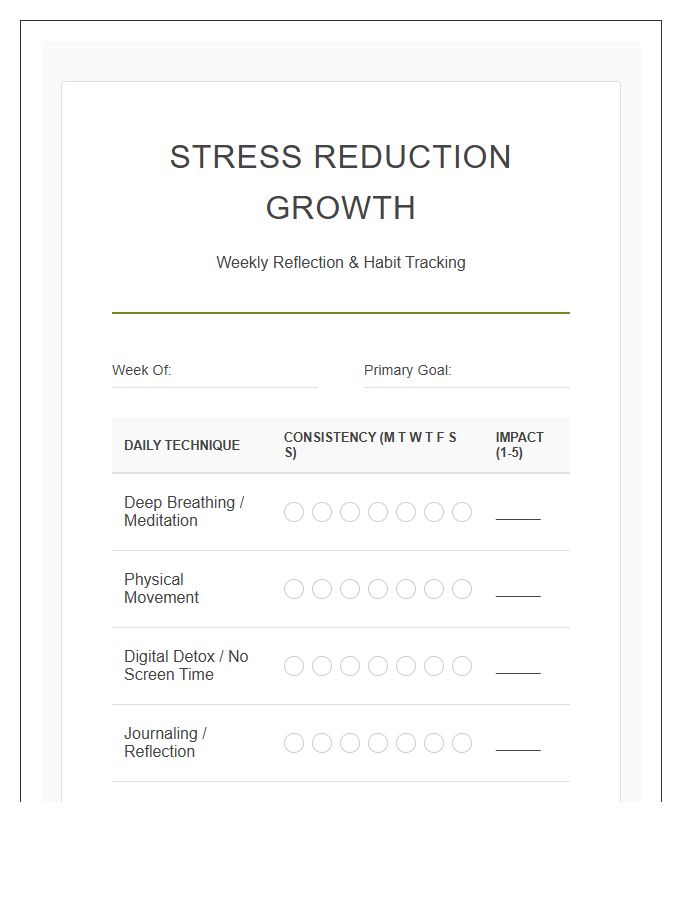Stress Reduction Growth Printable Chart