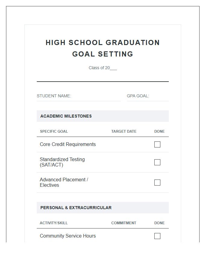 High School Graduation Goal Setting Printable Chart