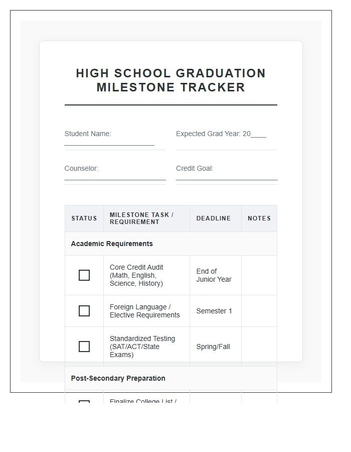 High School Graduation Milestone Tracker Printable Chart