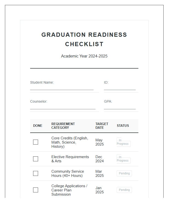High School Graduation Preparation Progress Printable Chart