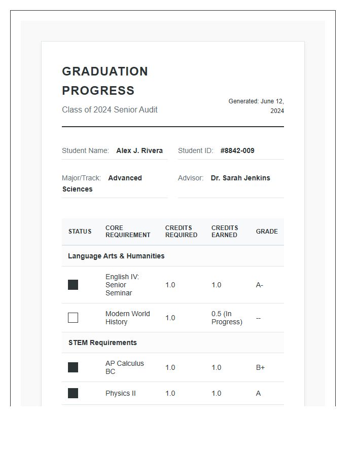 Senior Student Graduation Progress Printable Chart