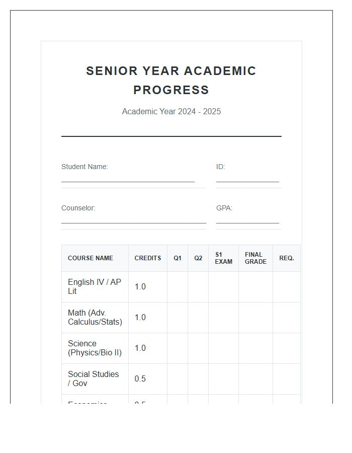 Senior Year Academic Progress Printable Chart