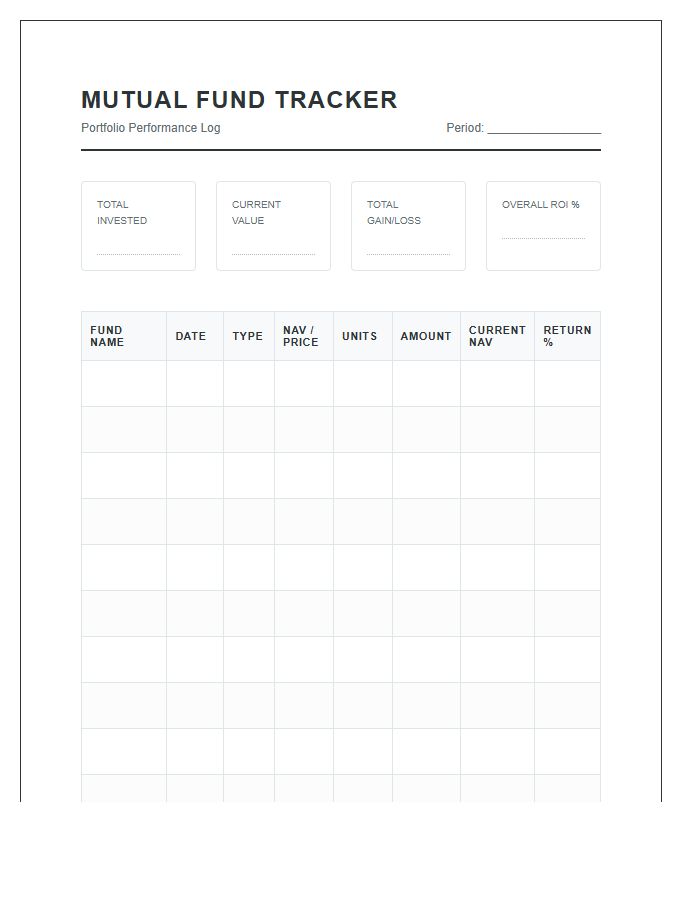 Mutual Fund Investment Tracking Printable Chart
