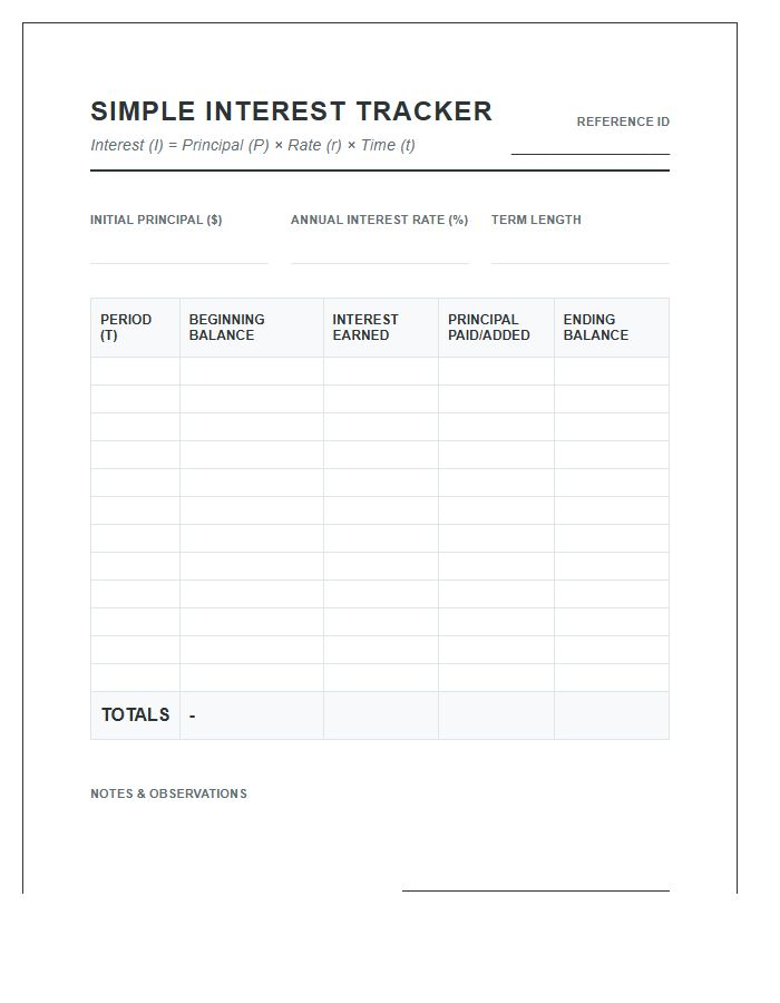 Simple Interest Calculation Tracking Printable Chart