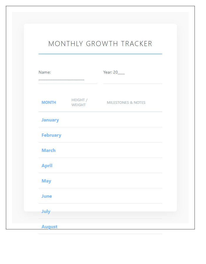 Monthly Childhood Growth Printable Chart
