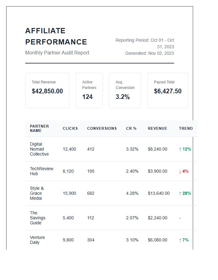 Affiliate Marketing Partner Performance Printable Chart