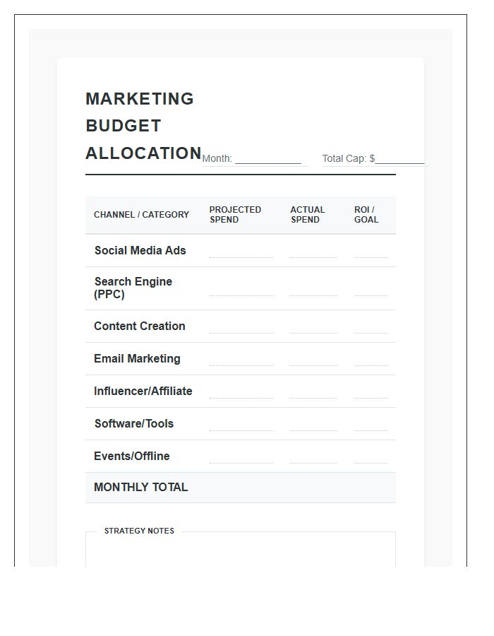 Monthly Marketing Budget Allocation Printable Chart
