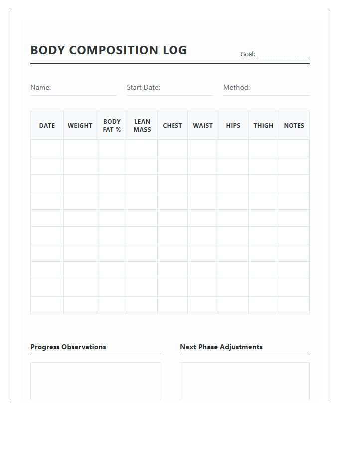 Body Composition Change Printable Chart