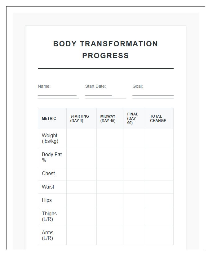 Body Transformation Results Printable Chart