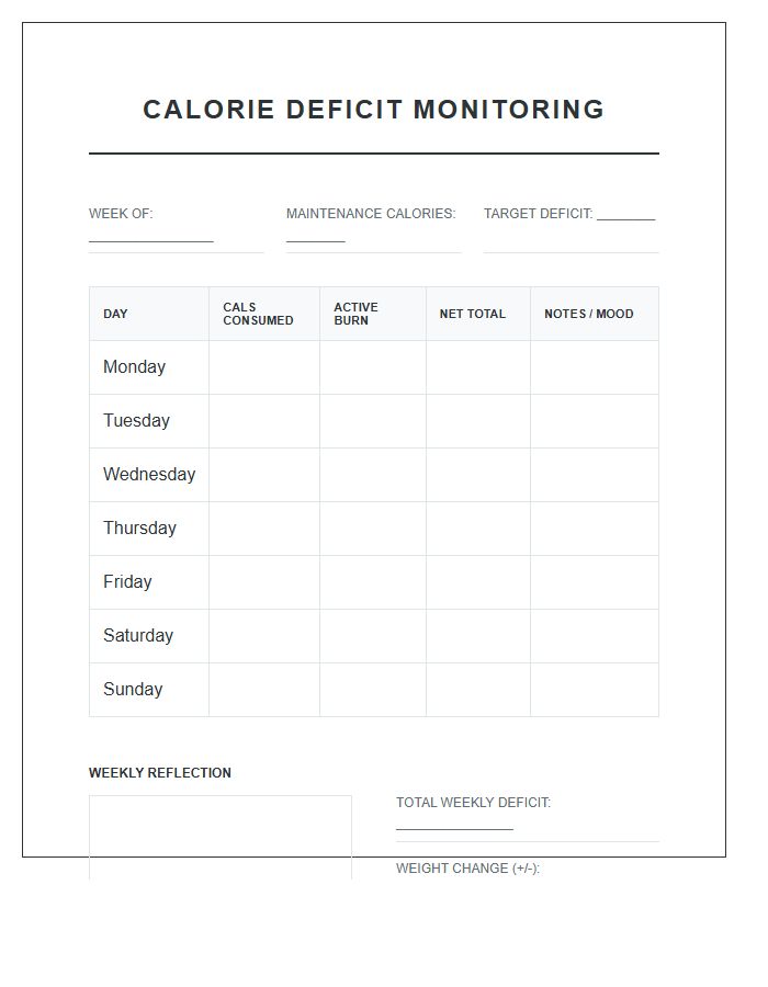 Calorie Deficit Monitoring Printable Chart