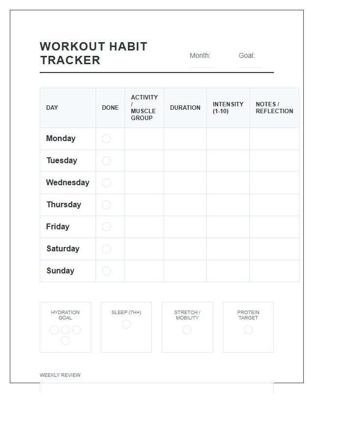 Comprehensive Workout Habit Printable Chart