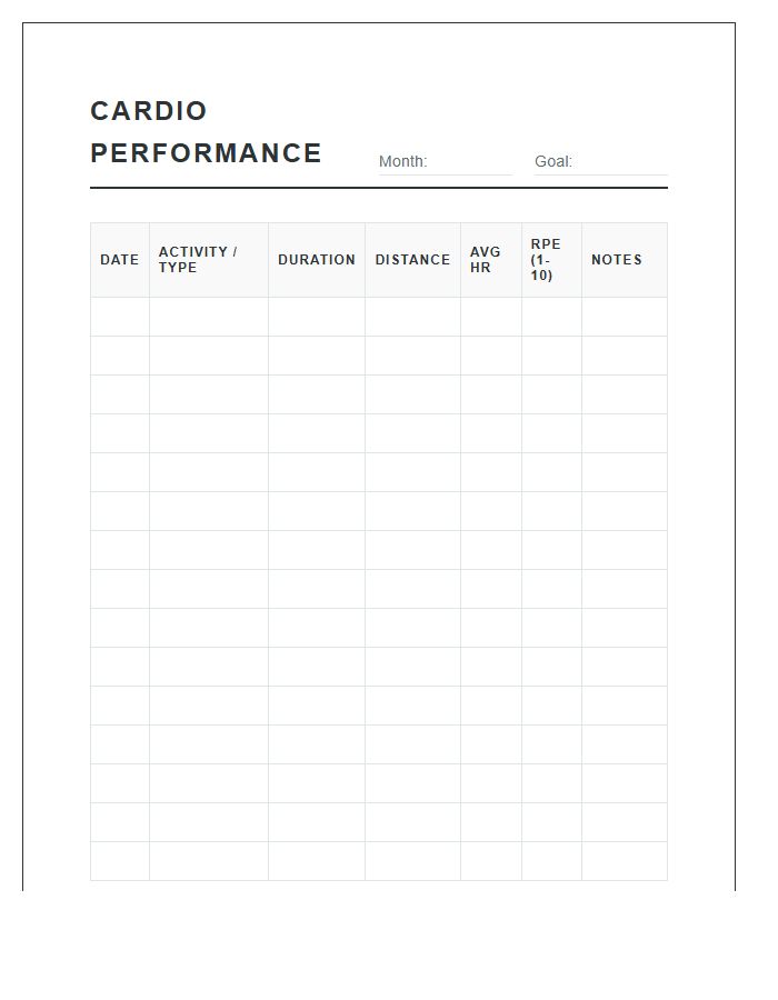 Daily Cardio Performance Printable Chart