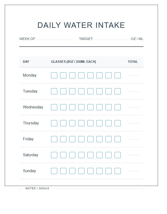 Daily Water Intake Printable Chart