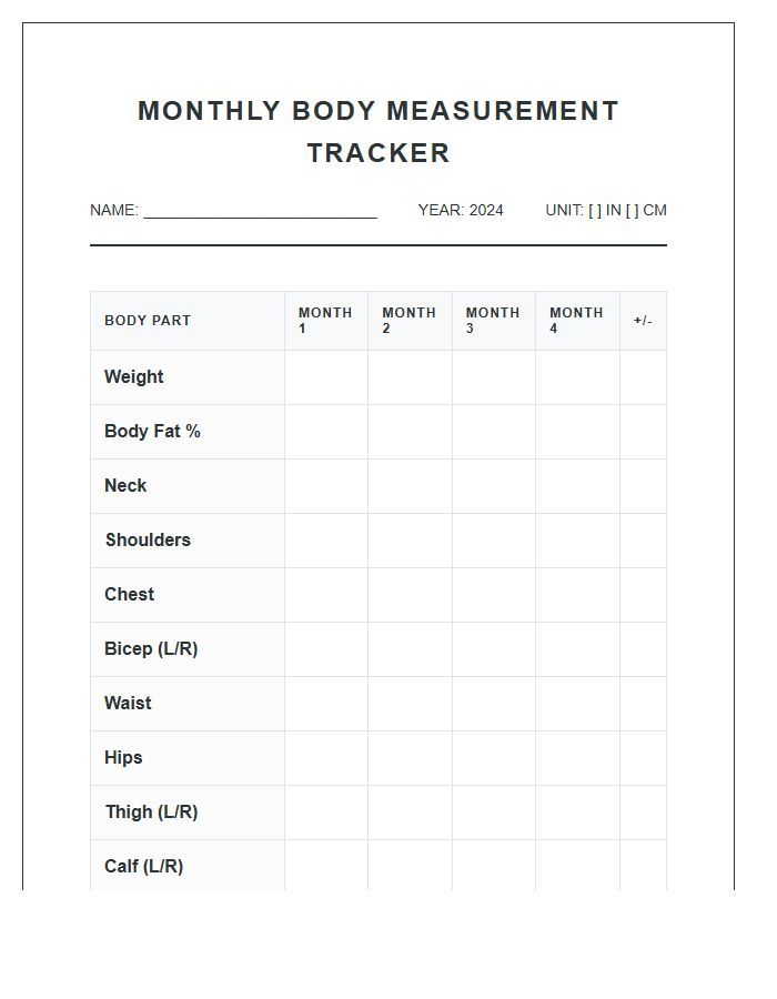 Monthly Body Measurement Printable Chart