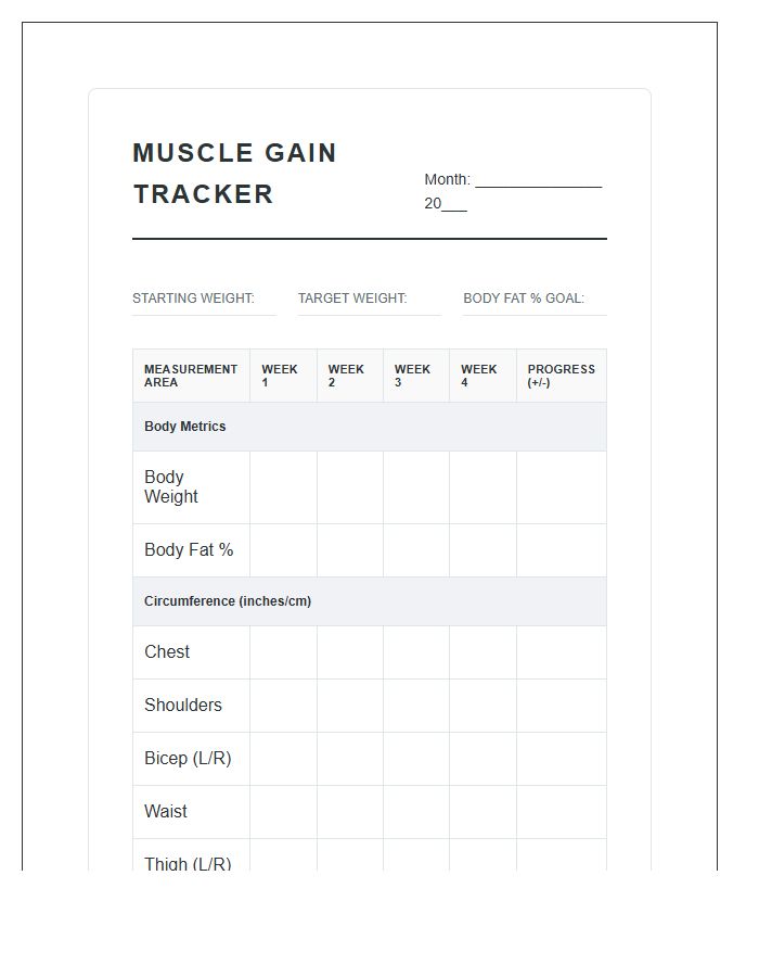 Muscle Gain Tracker Printable Chart