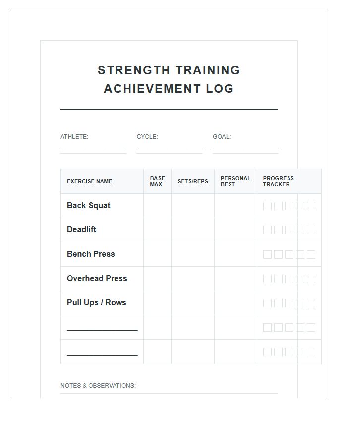 Strength Training Achievement Printable Chart
