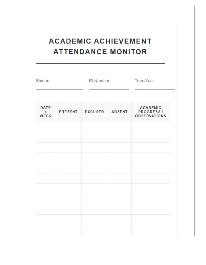Academic Achievement Attendance Monitoring Printable Chart