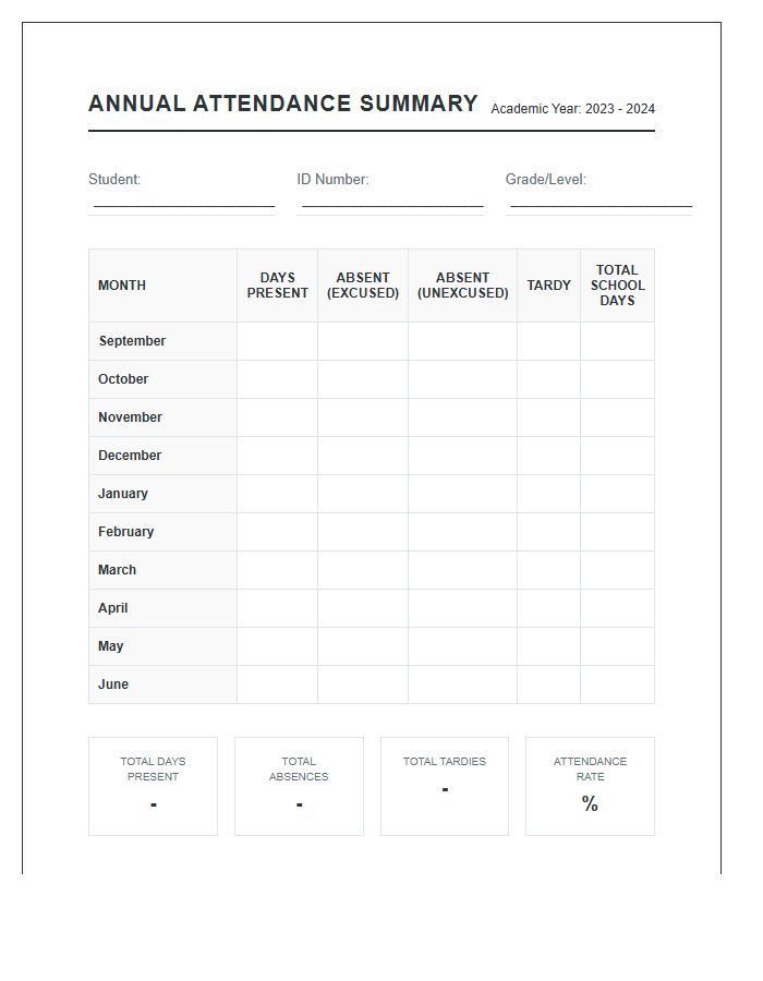 Annual Student Attendance Summary Printable Chart