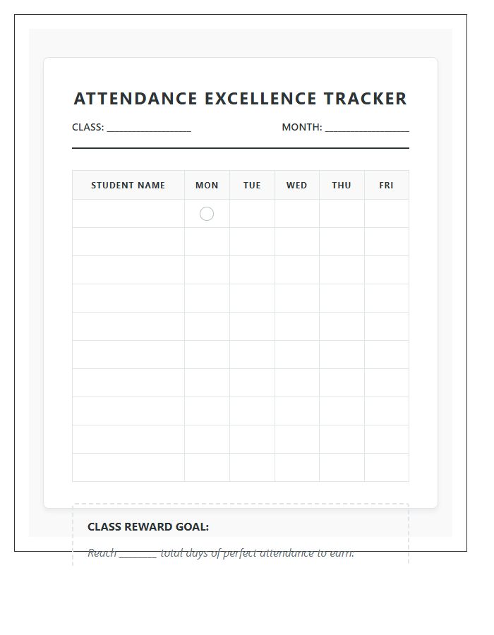 Classroom Management Attendance Incentive Printable Chart
