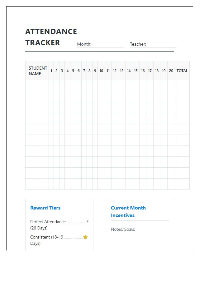 Incentive Based Student Attendance Printable Chart
