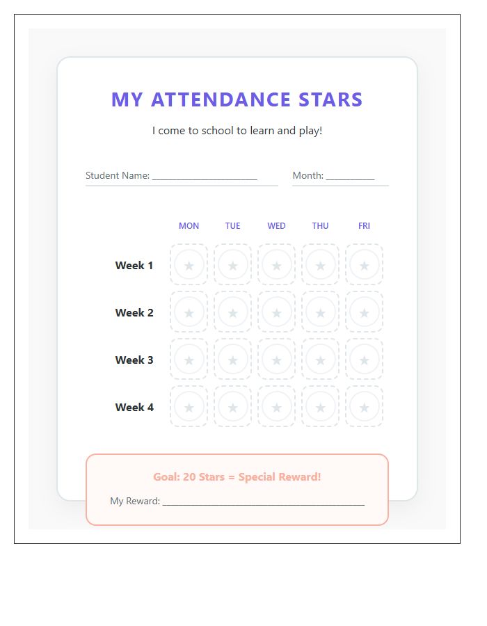 Kindergarten Attendance Reward Printable Chart