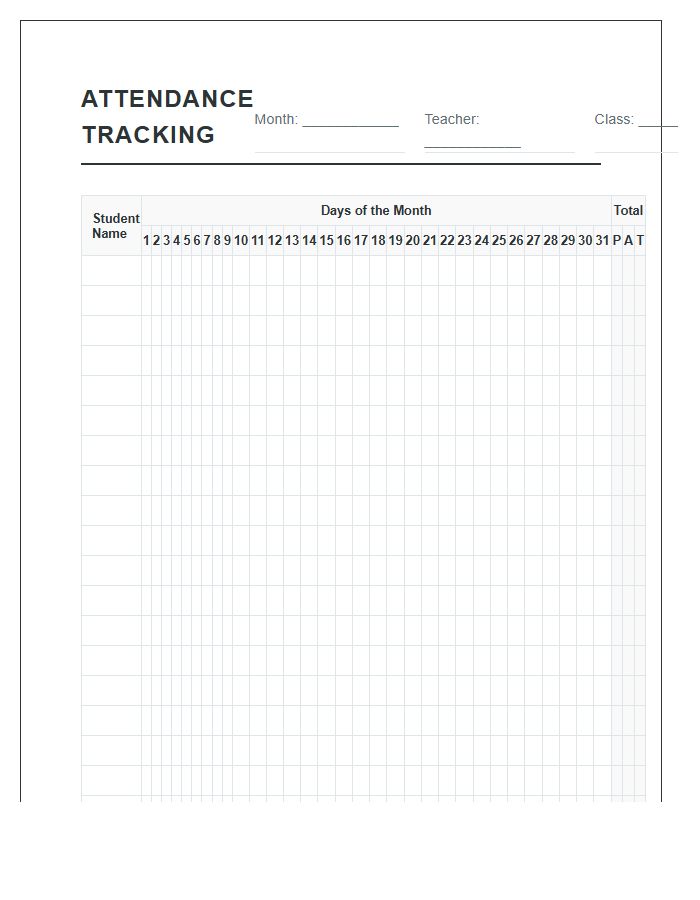 Monthly Student Attendance Tracking Printable Chart