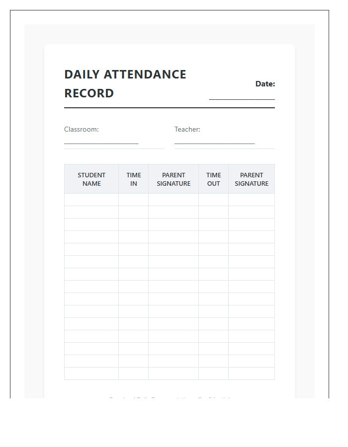 Preschool Daily Attendance Record Printable Chart