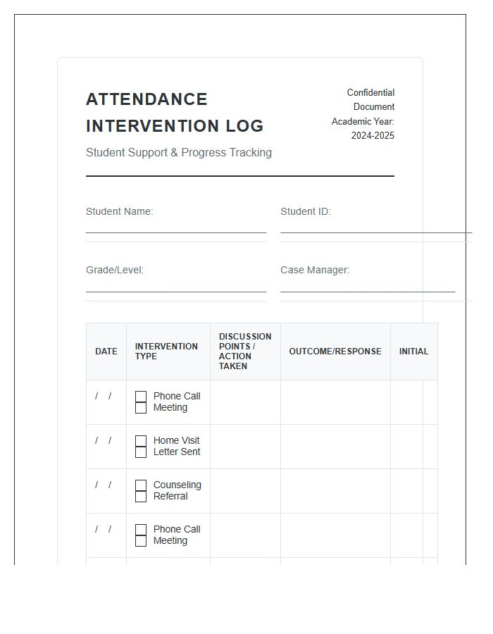 School Attendance Intervention Monitoring Printable Chart
