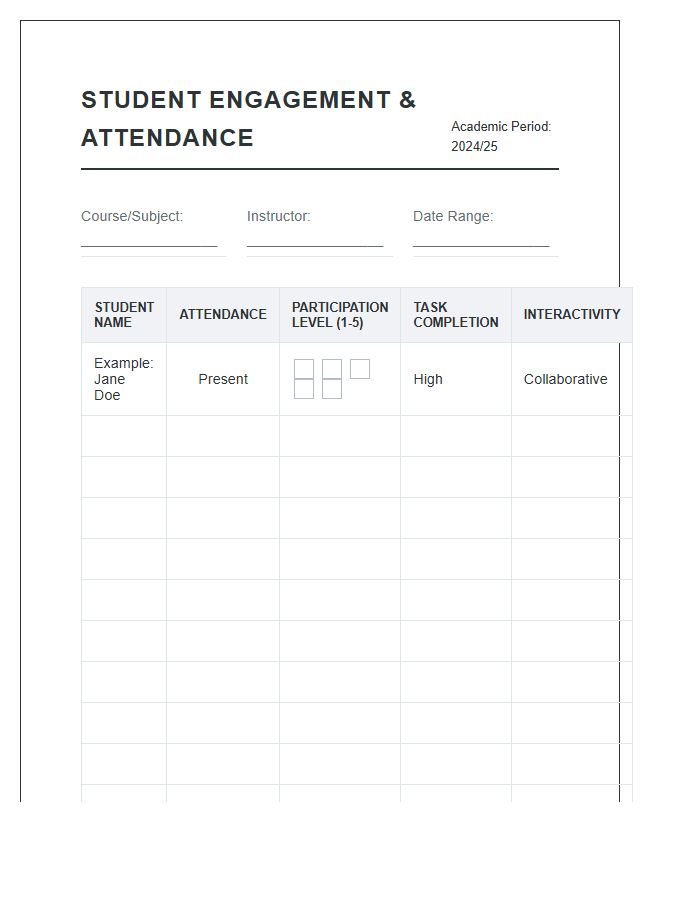 Student Engagement Attendance Metric Printable Chart