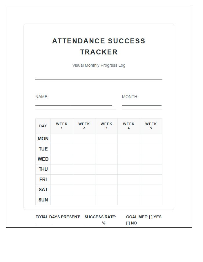 Visual Attendance Success Tracking Printable Chart