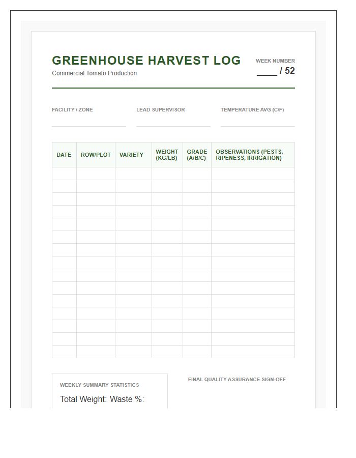 Commercial Greenhouse Tomato Tracking Printable Chart